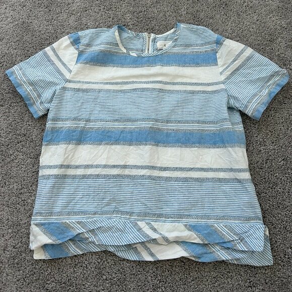 Lou & Grey Linen Cotton Top Size Small Striped Blue White Short Sleeve Crew - Picture 1 of 8